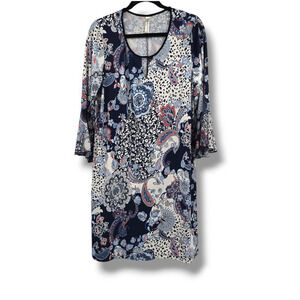 PerSeption Women's Plus Floral Paisley Print Bell Sleeve Midi Dress Blue Size 1X